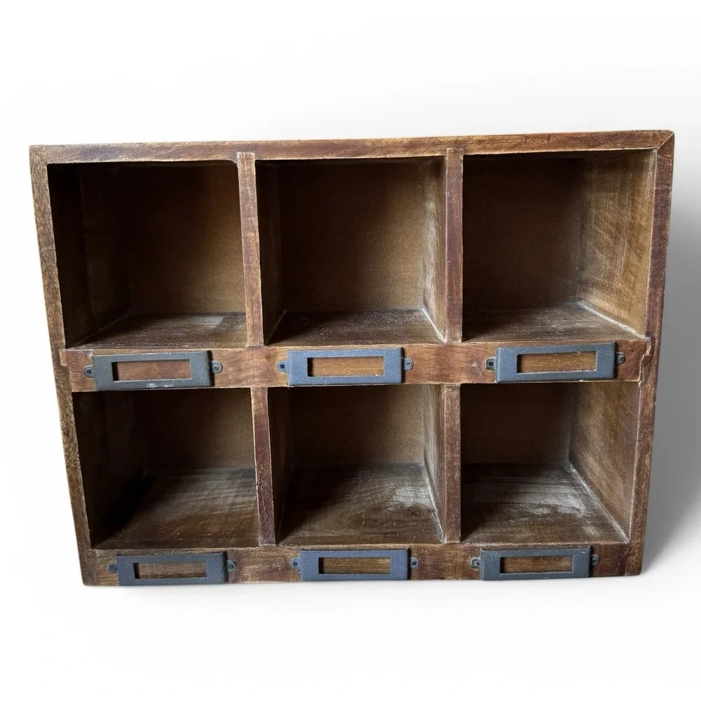 VTG Wood Cubby 6 Compartment Display Organizer Shelf W/ Metal Label Holders